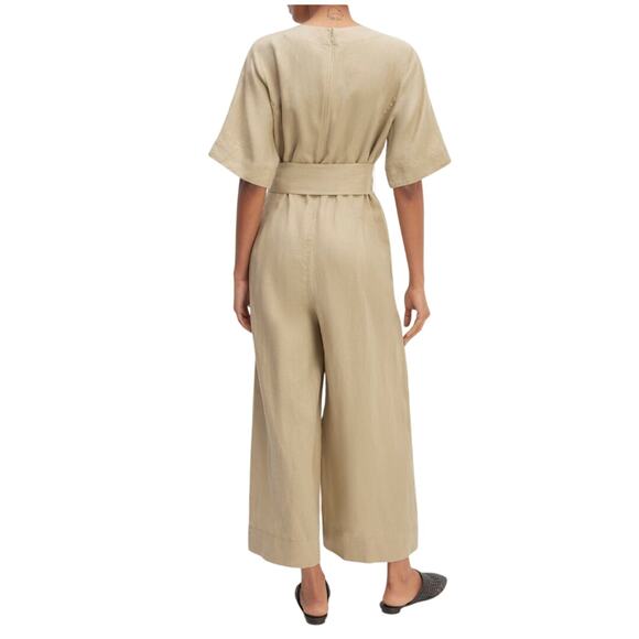 Everlane The Wrap Jumpsuit Linen Cropped Khaki Tan Wide Leg V Neck Small 6 - Picture 2 of 13